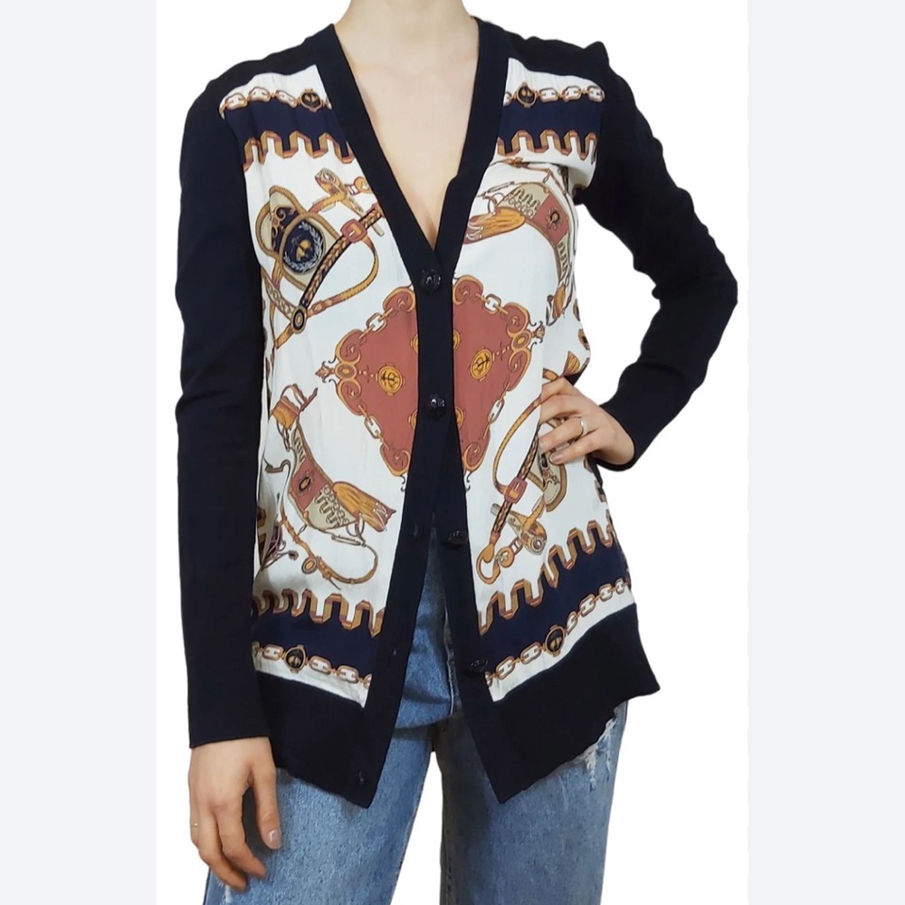 Brooks Brothers long equestrian cardigan V neck silk cotton spandex navy size L